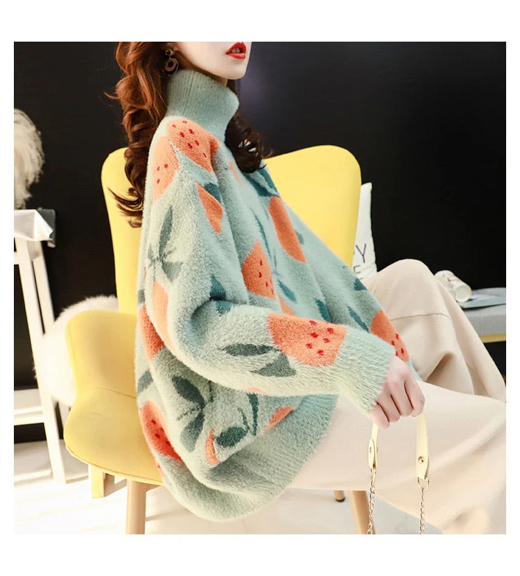 Black Friday Sales Knit Plush Sweater Women Loose Turtleneck Female Pullovers Cute Fruit Printed Woman Sweater Winter Soft Sweet Thick Pullovers - Deanwangkt