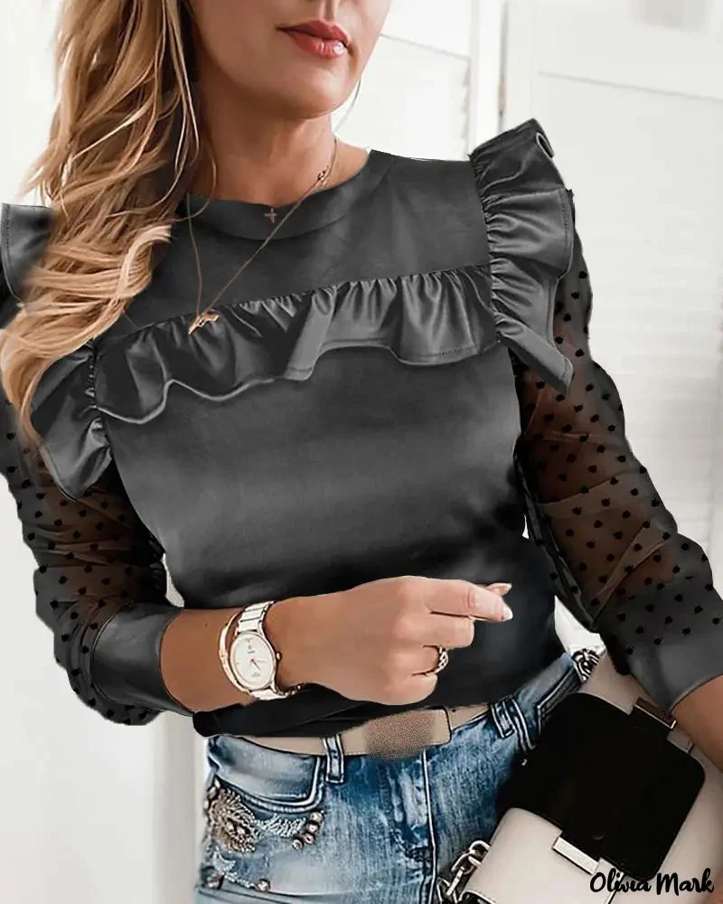 Deanwangkt - Polka Dot Knit Ruffle Hem Long Sleeve Top - Deanwangkt