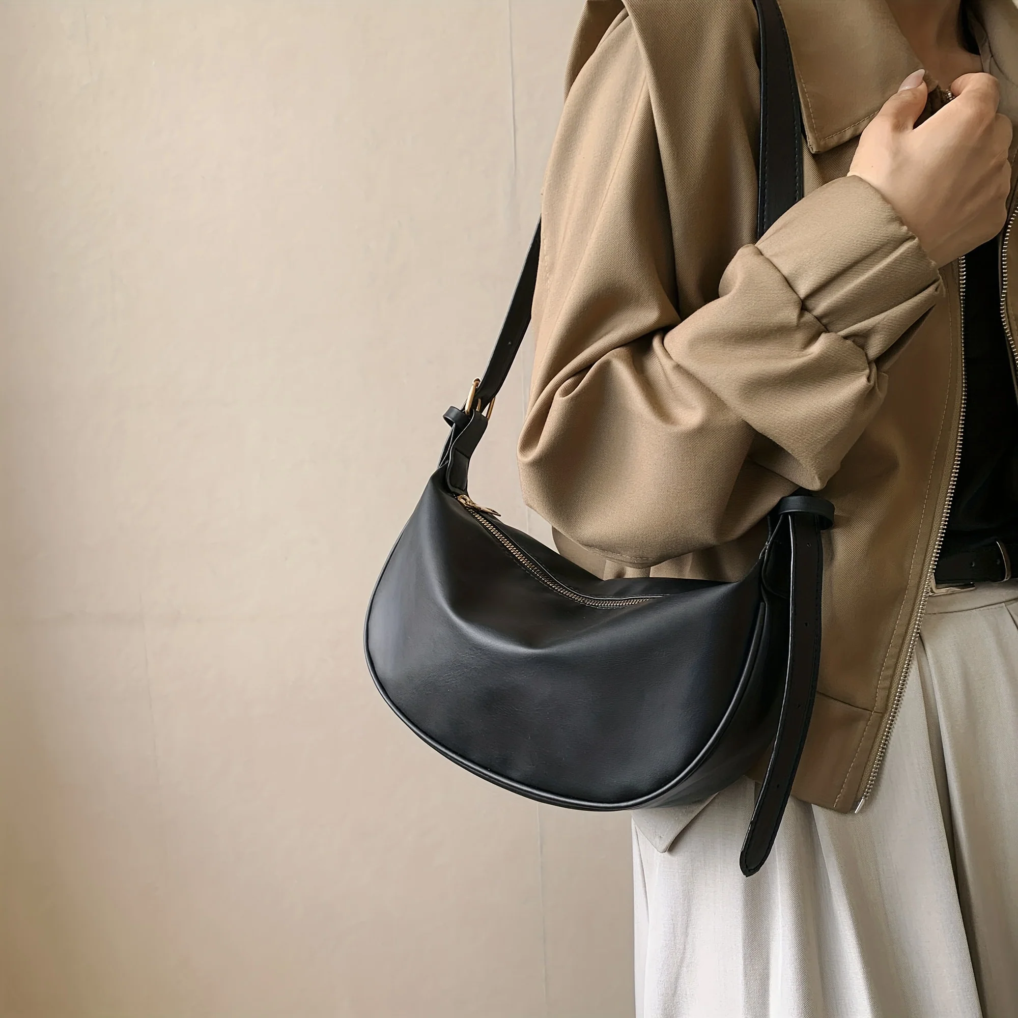 Minimalist Crescent Shoulder Bag, Casual Zipper Crossbody Purse, Women's Stylish Carry On Purse - Deanwangkt