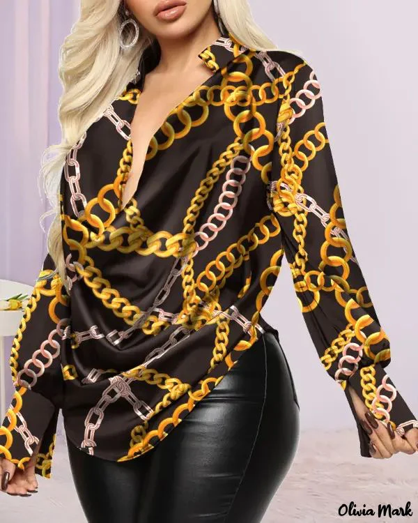 Deanwangkt - Chain Print Cowl Neck Long Sleeve Top - Deanwangkt