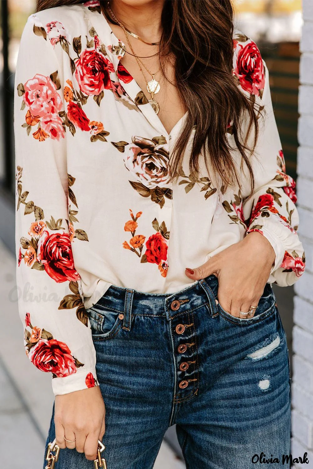 Deanwangkt - Beige Floral Print V-Neck Button Down Blouse - Deanwangkt