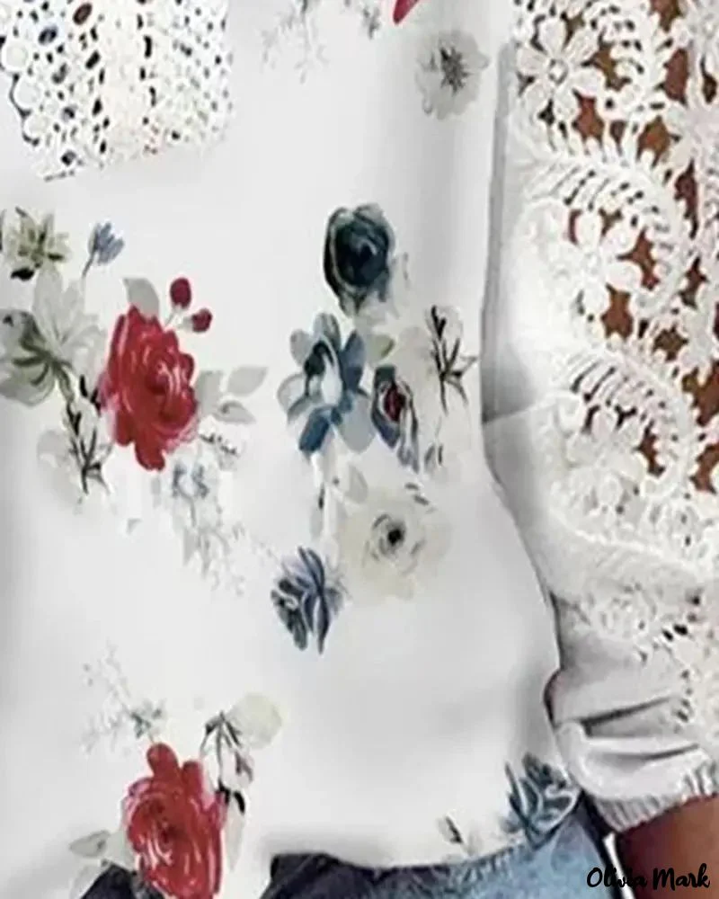 Deanwangkt - Floral Print V-Neck Lace Patch Top - Deanwangkt