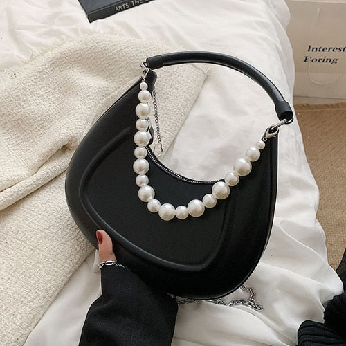 Back To College Deanwangkt Kawaii Tote PU Leather Half Moon Armpit Bag With Pearl Short Handle Women's Designer Handbag Luxury Shoulder Crossbody Bag - Deanwangkt