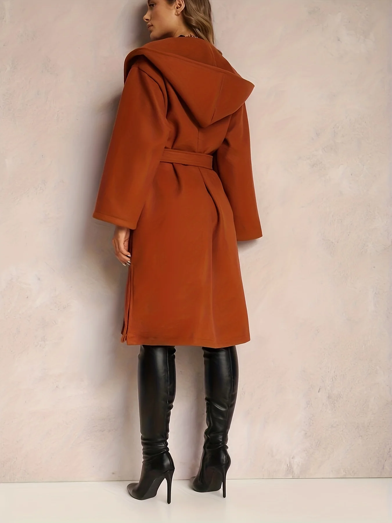 deanwangkt-1  Plus Size Casual Coat, Women's Plus Solid Long Sleeve Open Front Hooded Side Split Hooded Longline Woolen Coat With Belt - Deanwangkt