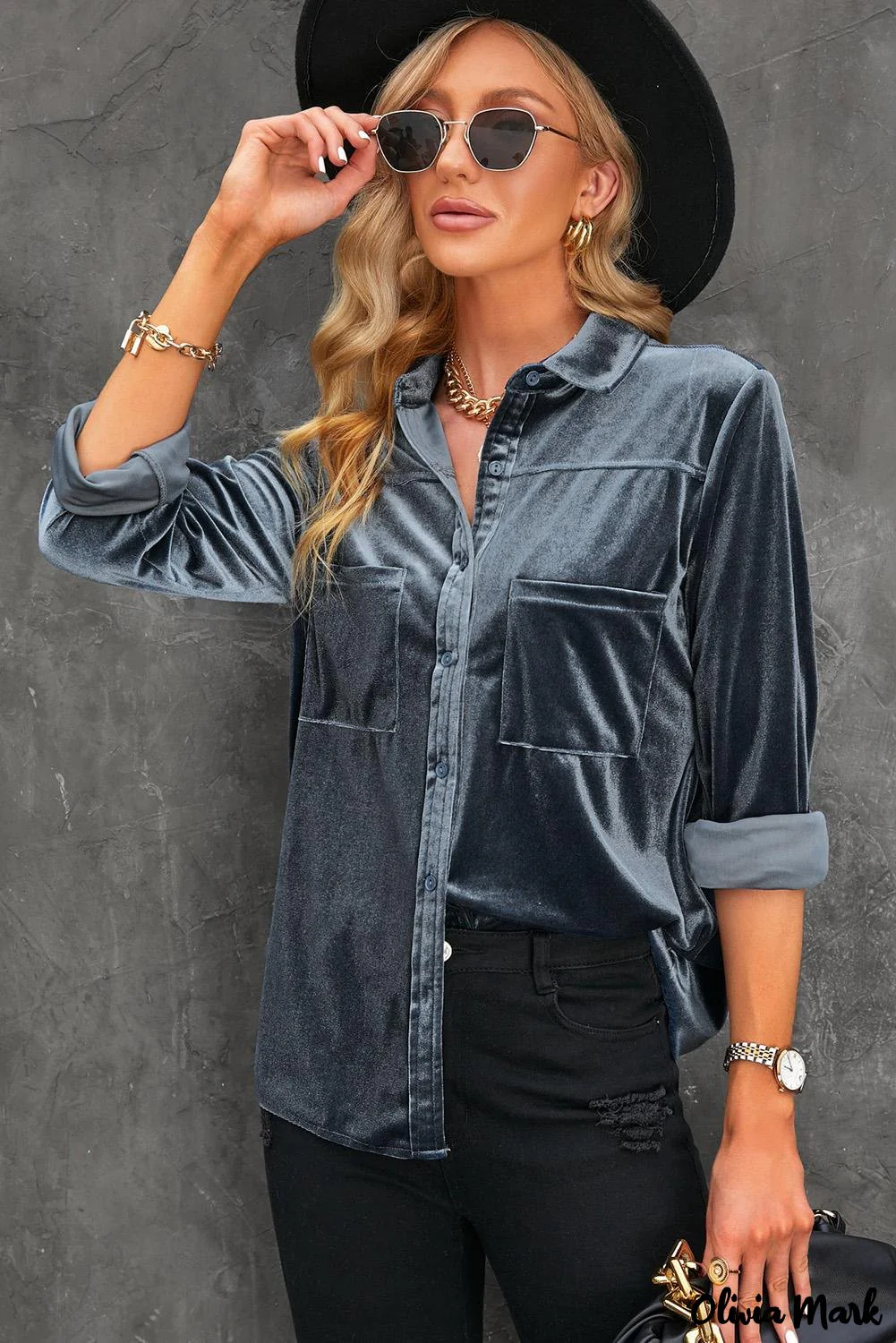 Deanwangkt - Navy Velvet Button Pocket Long Sleeve Shirt - Deanwangkt