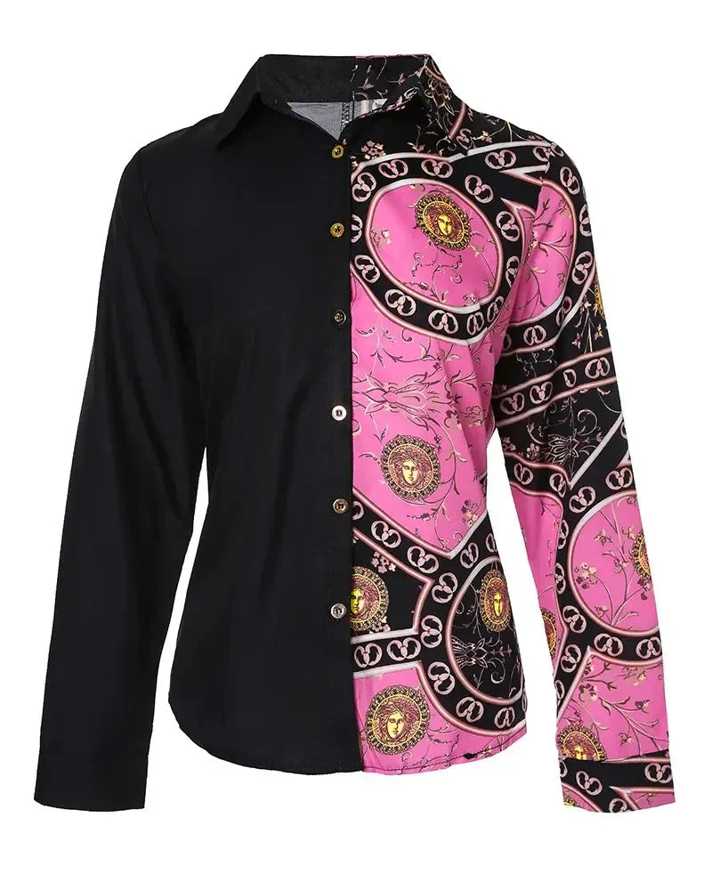 Deanwangkt - Scarf Print Color Block Long Sleeve Button Up Top - Deanwangkt