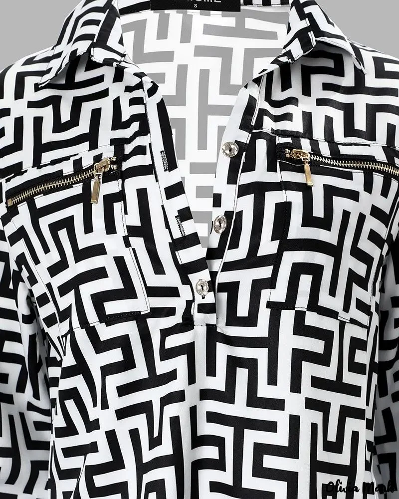 Deanwangkt - Geometric Print Long Sleeve Button Down Shirt - Deanwangkt