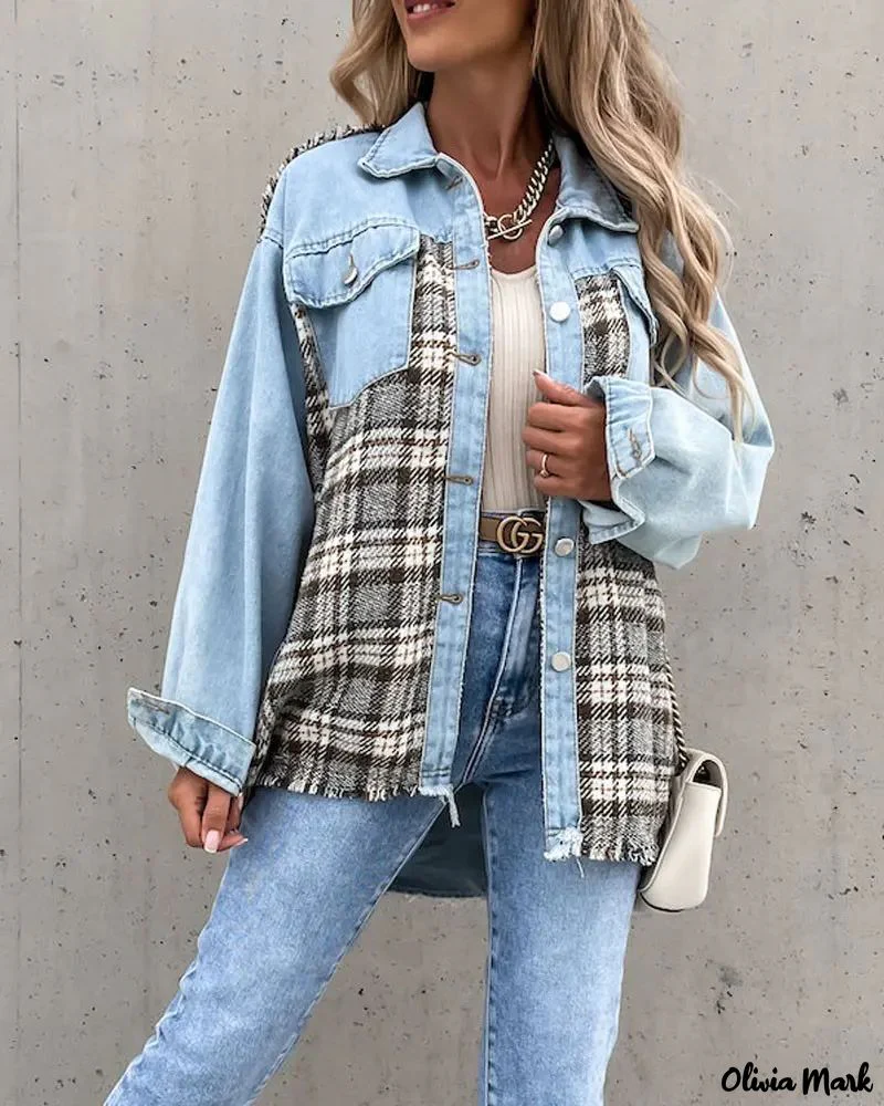 Deanwangkt - Raw Hem Denim Coat with Plaid Panel and Button Front - Deanwangkt