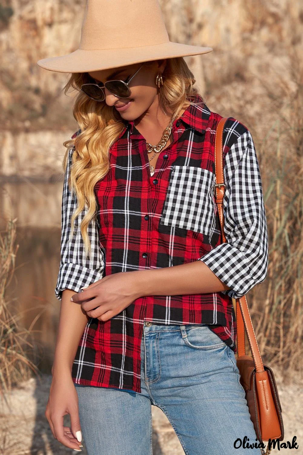 Deanwangkt - Checkered Plaid Shirt with Colored Pockets and Long Sleeve Turn-Down Collar Red - Deanwangkt