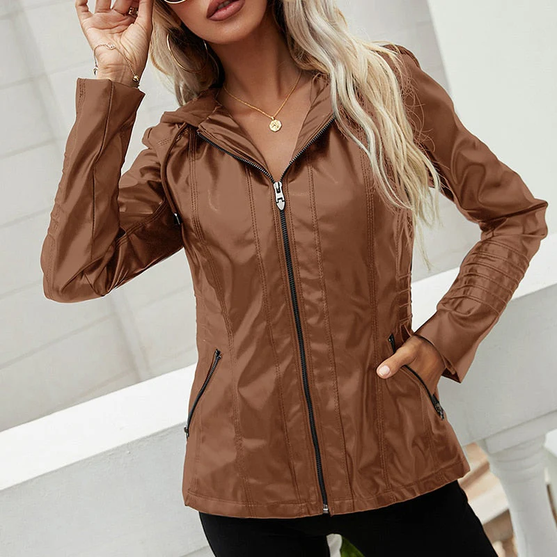 Black Friday Sales Spring Autumn Women Hooded Faux Soft Pu Leather Jacket Streetwear Female Moto Biker Zipper Coat Lady Windproof Outwear - Deanwangkt