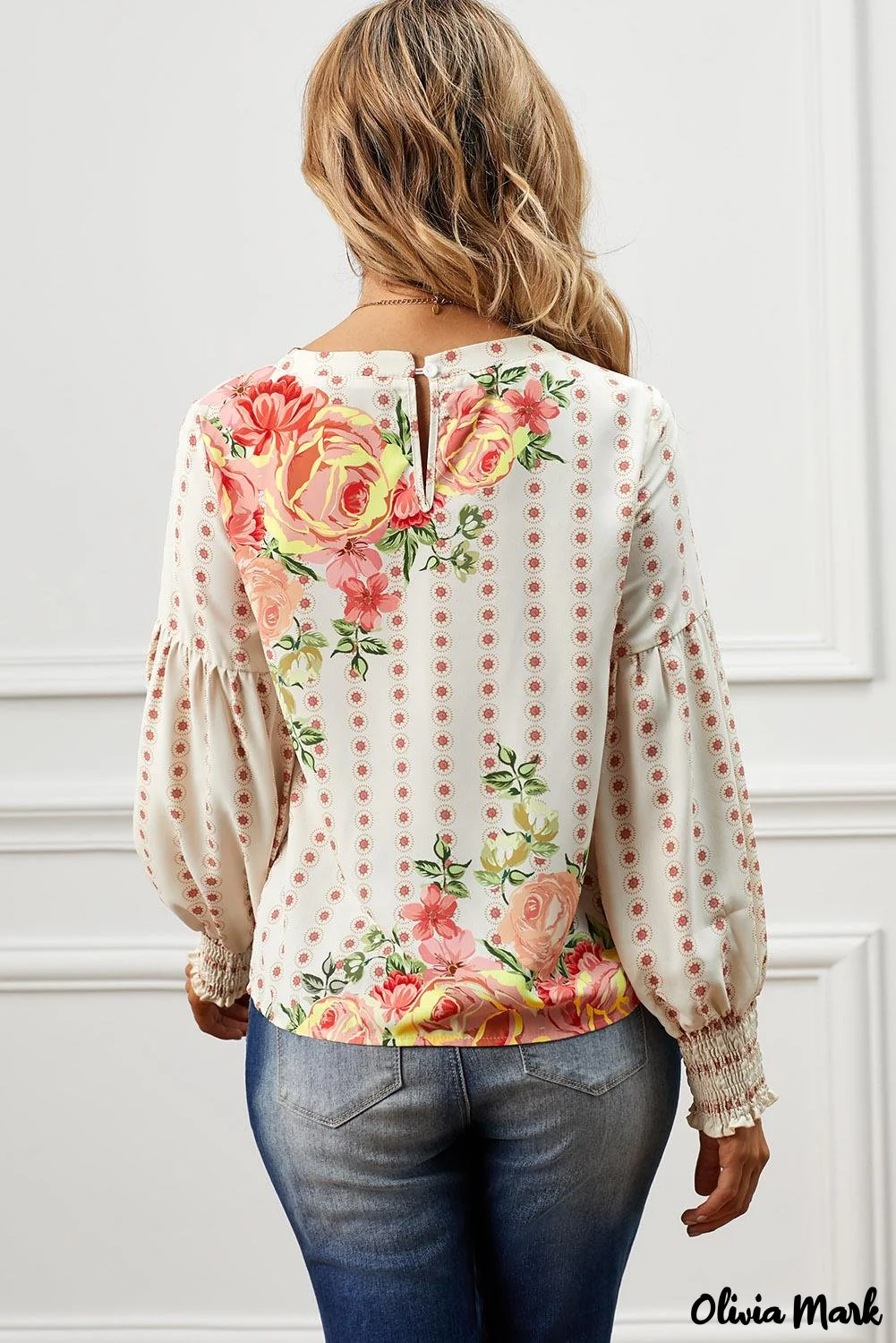 Deanwangkt - Apricot Round Neck Floral Print Balloon Sleeve Blouse - Deanwangkt