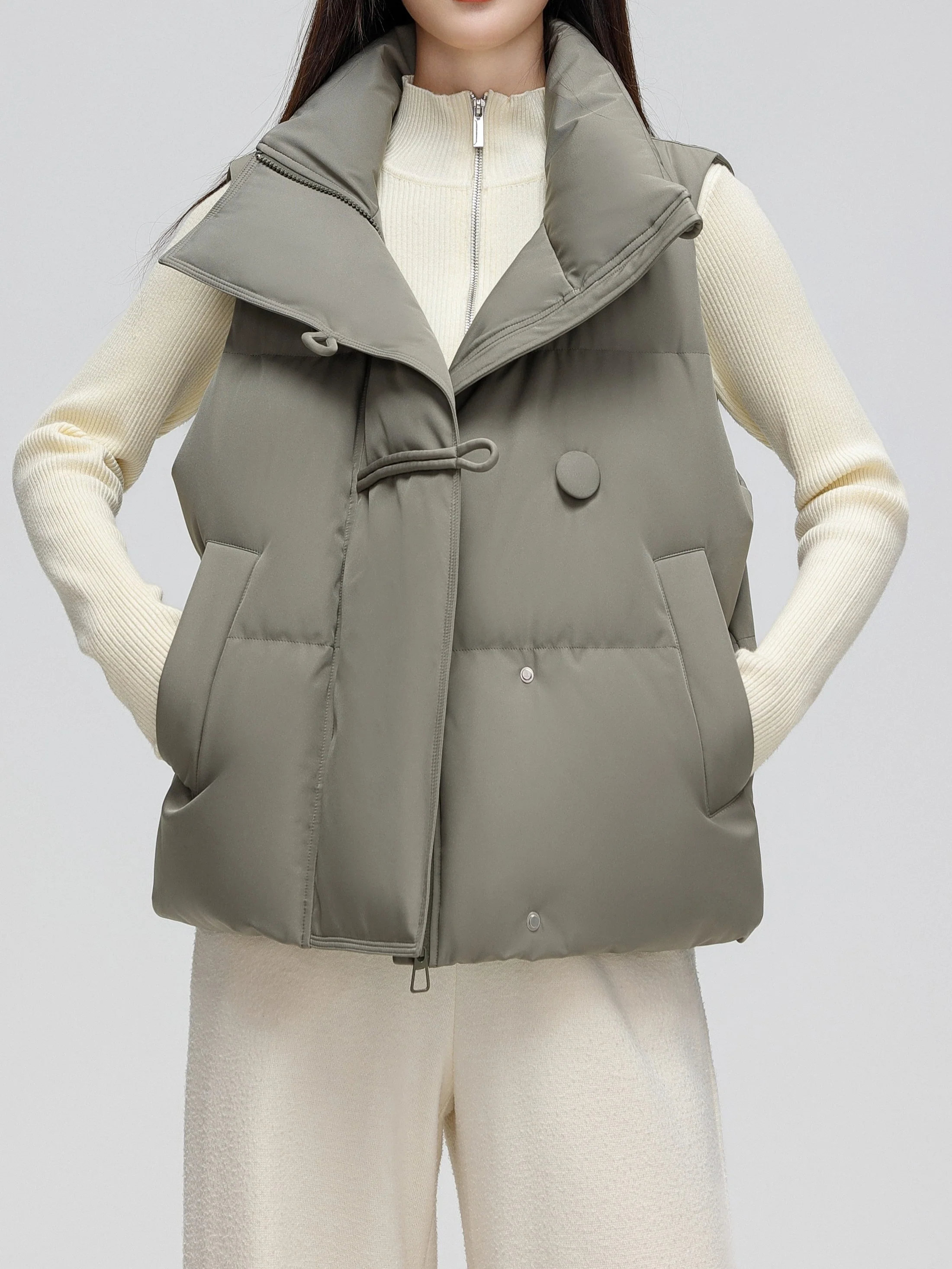 deanwangk Buckle Front High Neck Vest, Casual Solid Sleeveless Versatile Outerwear, Women's Clothing - Deanwangkt