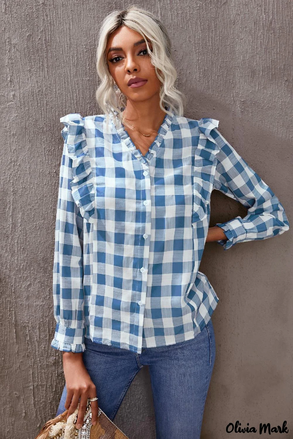 Deanwangkt - Sky blue checked ruffled button-down shirt - Deanwangkt