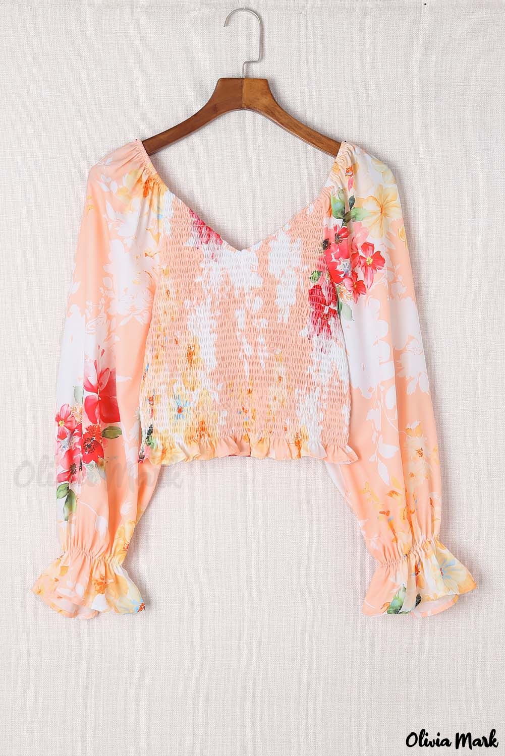 Deanwangkt - Nude Floral V-Neck Smocked Bishop Sleeve Top - Deanwangkt