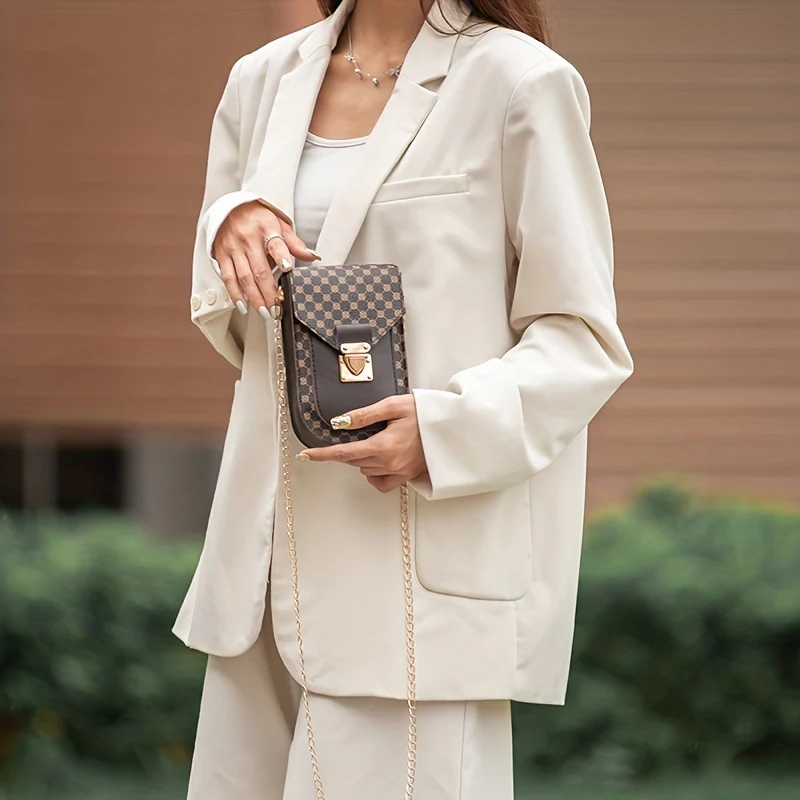 deanwangkt-1  1pc Women's Geometric Pattern Crossbody Bag, Stylish PU Leather Diagonal Bag With Chain Strap, Casual Mobile Phone Bag  Coin Purse Card Holder, Casual Camera Bag, Lipstick Bag, Key Bag - Deanwangkt