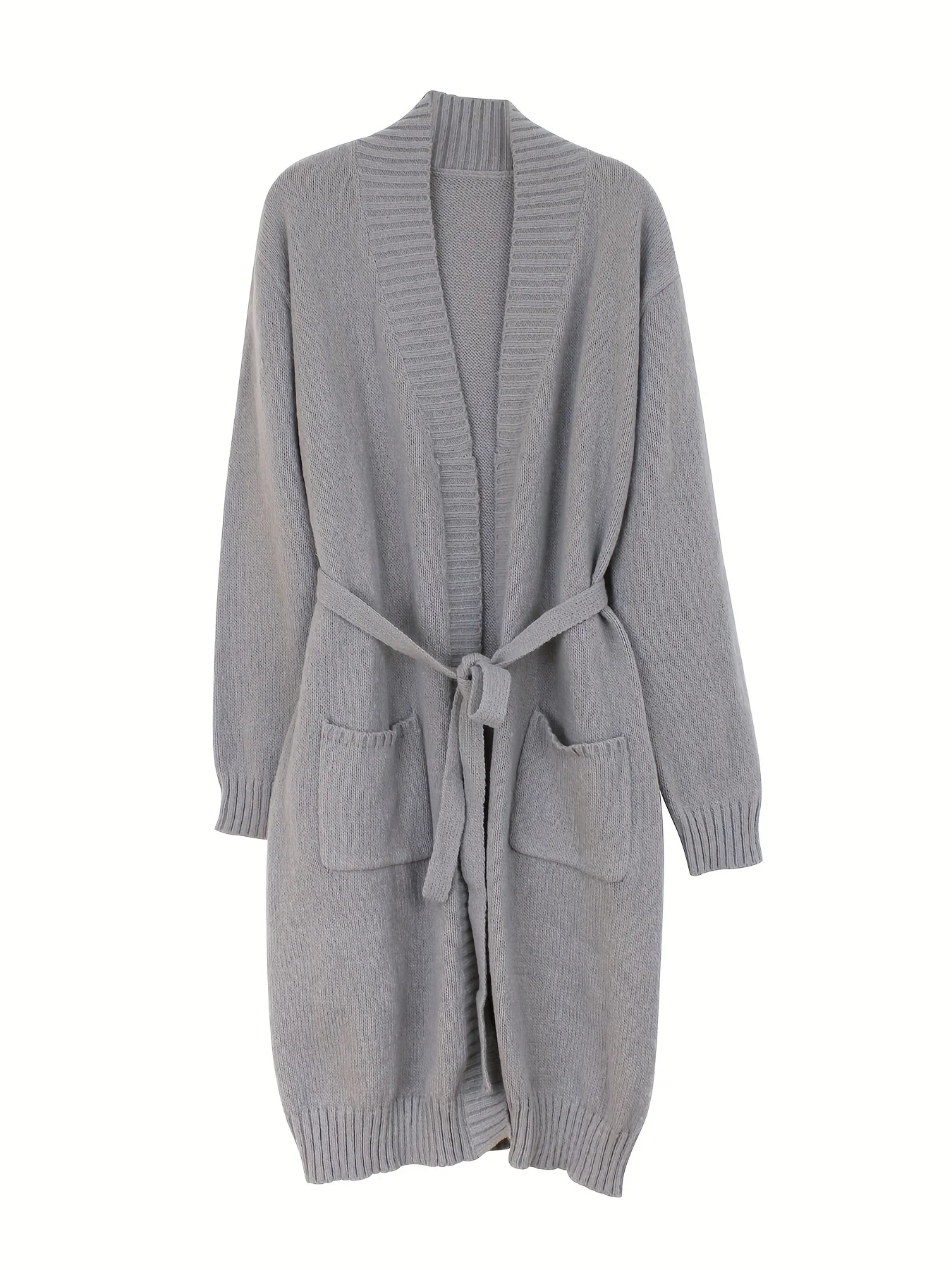 deanwangkt-1  Solid Open Front Knit Belted Cardigan, Casual Long Sleeve Cardigan For Fall & Winter, Women's Clothing - Deanwangkt