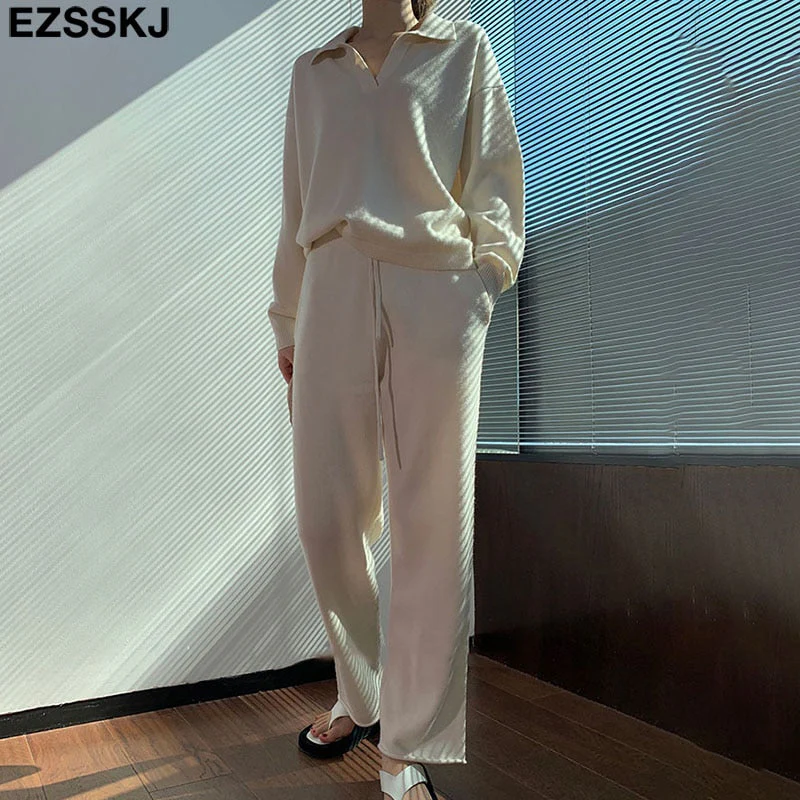 Christmas Gift 2 Pieces Set Women oversize Tracksuit polo collar Sweater Pullover straight pants Sweater Set CHIC Knitted Outwear sweater suit - Deanwangkt
