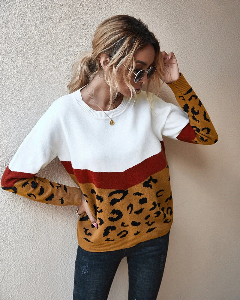 Christmas Gift Deanwangkt Fashion Leopard Patchwork Autumn Winter Ladies Knitted Sweater Women O-neck Full Sleeve Jumper Pullovers Top - Deanwangkt