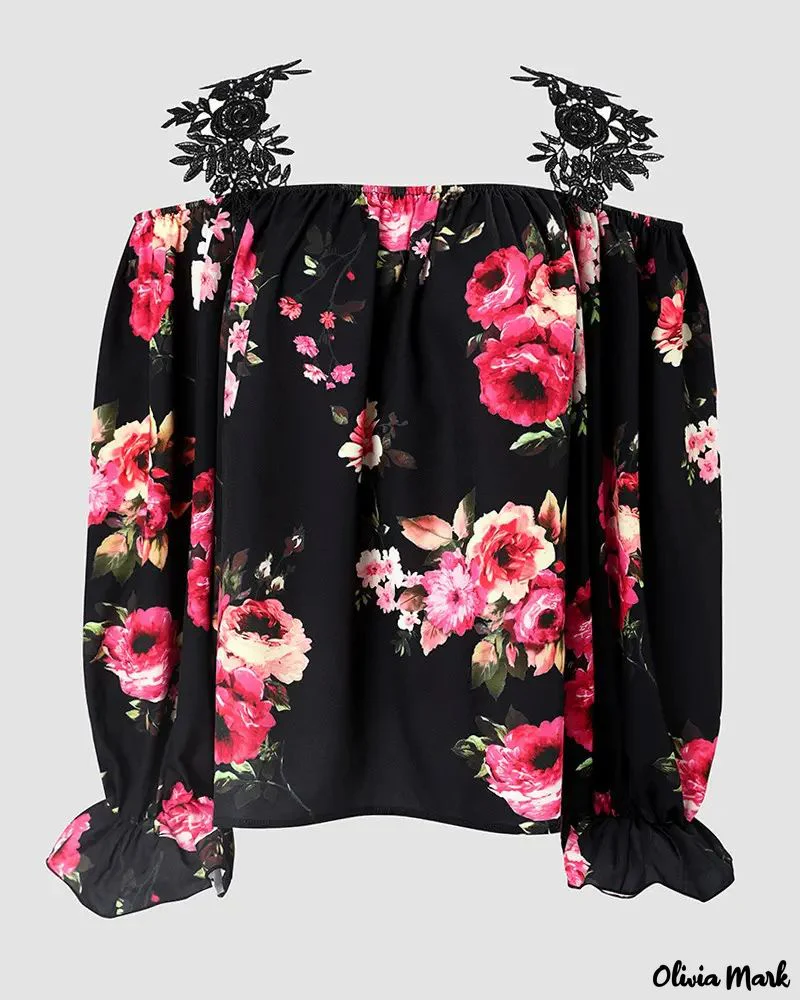 Deanwangkt - Floral Print Lace Patch Off Shoulder Top - Deanwangkt