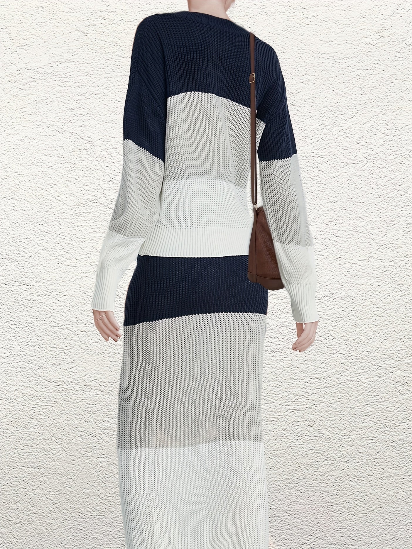 deanwangkt-1  Elegant Color Block Two-piece Set, Crew Neck Long Sleeve Knit Sweater & Bag Hip High Waist Skirts Outfits, Women's Clothing - Deanwangkt