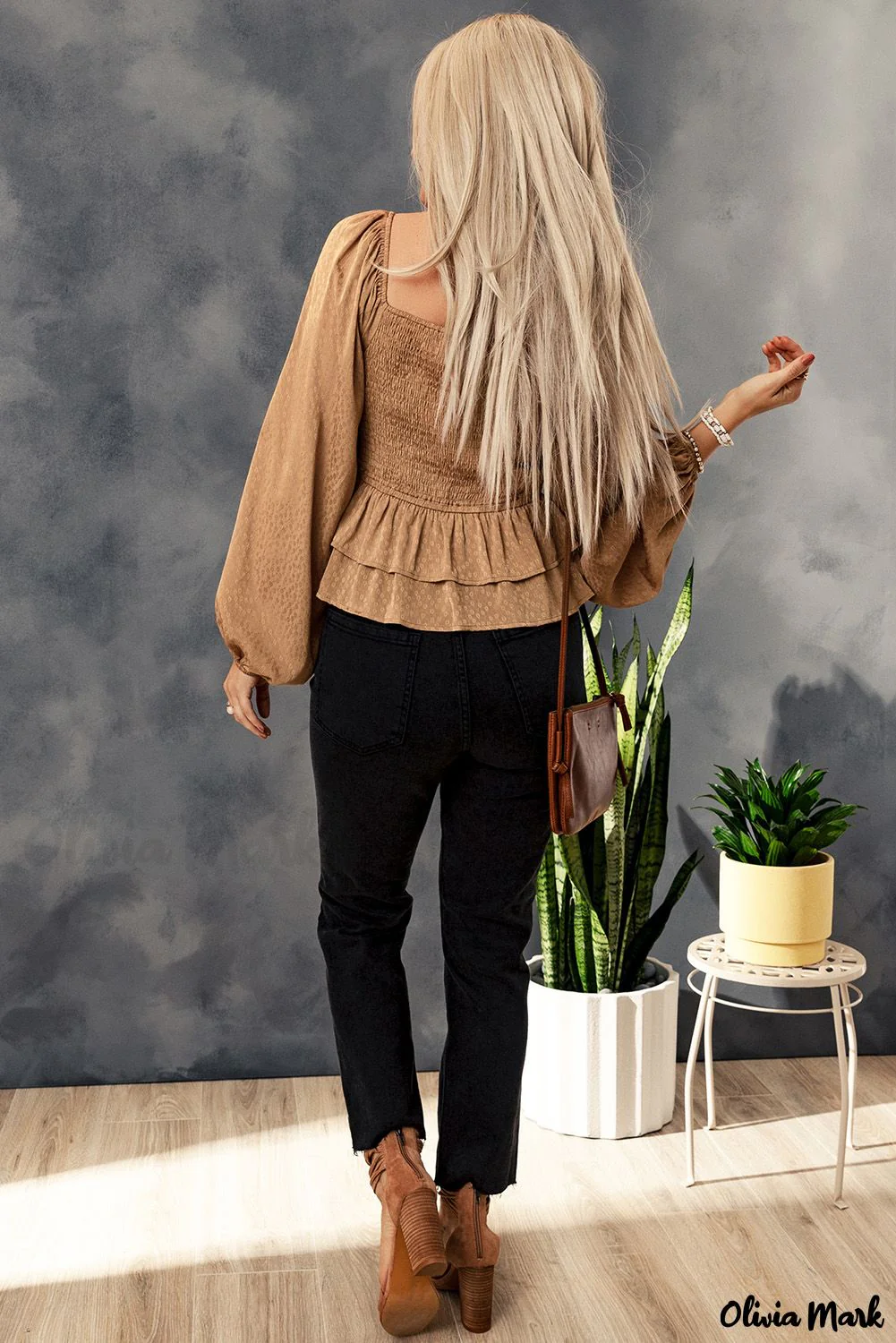 Deanwangkt - Brown Floral Ruched Ruffle Square Neck Blouse - Deanwangkt