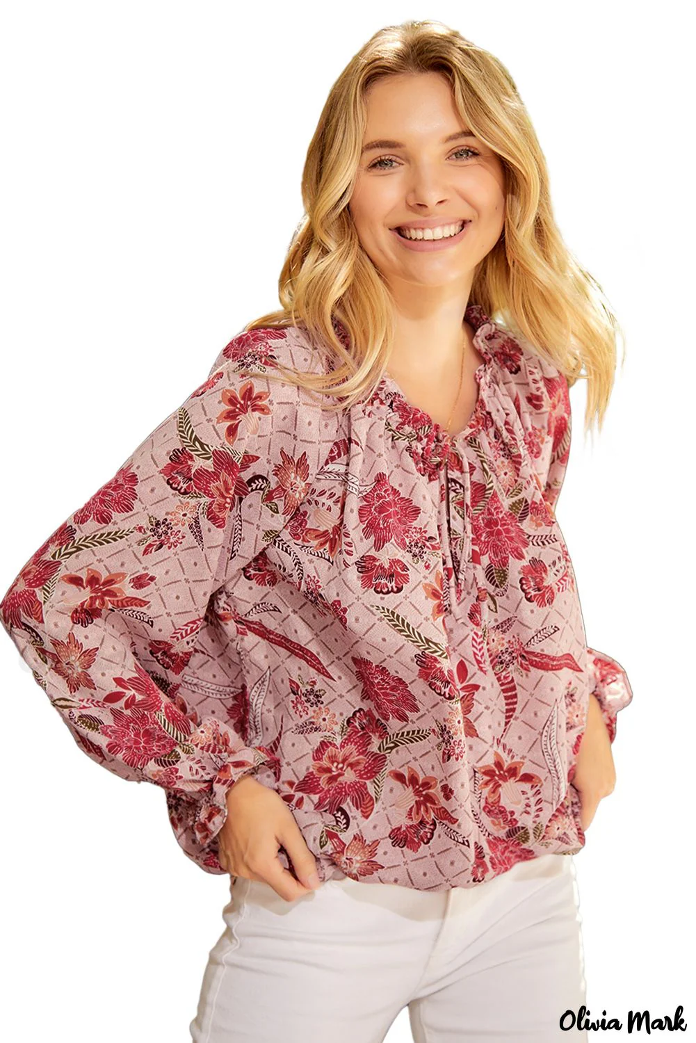 Deanwangkt - Pink Printed Split V-Neck Blouse - Deanwangkt