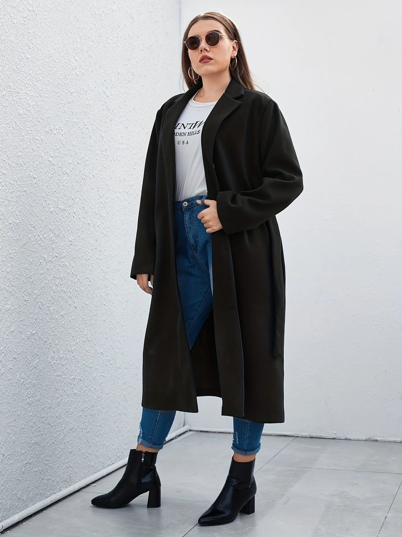 deanwangkt-1  Plus Size Elegant Coat, Women's Plus Solid Long Sleeve Single Breast Button Lapel Collar Longline Woolen Coat With Pockets - Deanwangkt