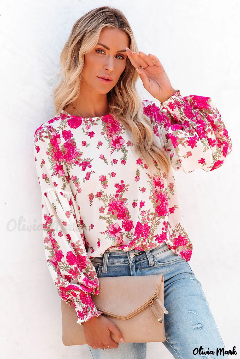 Deanwangkt - Pink floral blouse with round neck and bishop sleeves - Deanwangkt