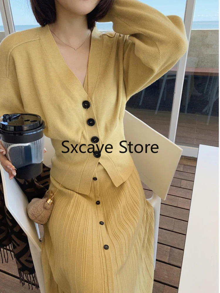 Christmas Gift Deanwangkt Winter Knitted Suits Women Pure Collor Elegant 2 Piece Dress Set Korean Style Slim Cardigan + Midi Skirts Office Lady Chic - Deanwangkt
