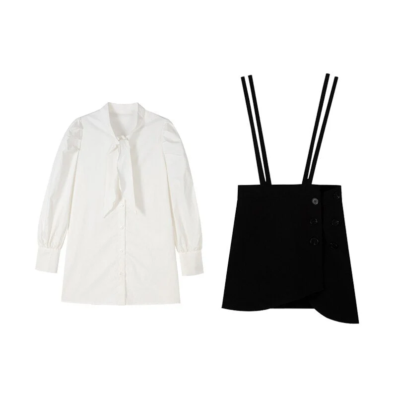 Christmas Gift Deanwangkt Autumn 2 Piece Dress Set Women Casual Long Sleeve Elegant Blouse + Mini Strap Dress Lolita Kawaii Clothes Fashion Suits - Deanwangkt