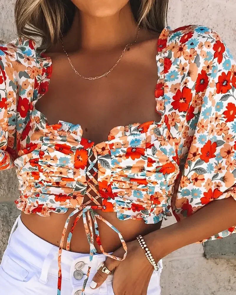 Deanwangkt - Floral Print Ruffle Hem Lace Up Crop Top - Deanwangkt