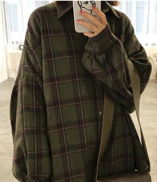 Christmas Gift Deanwangkt Harajuku Autumn Plaid Thin Section Wool Cardigan Korean Puff Sleeve Slim Warm Shirt Jacket Retro Casual Women Button Top - Deanwangkt