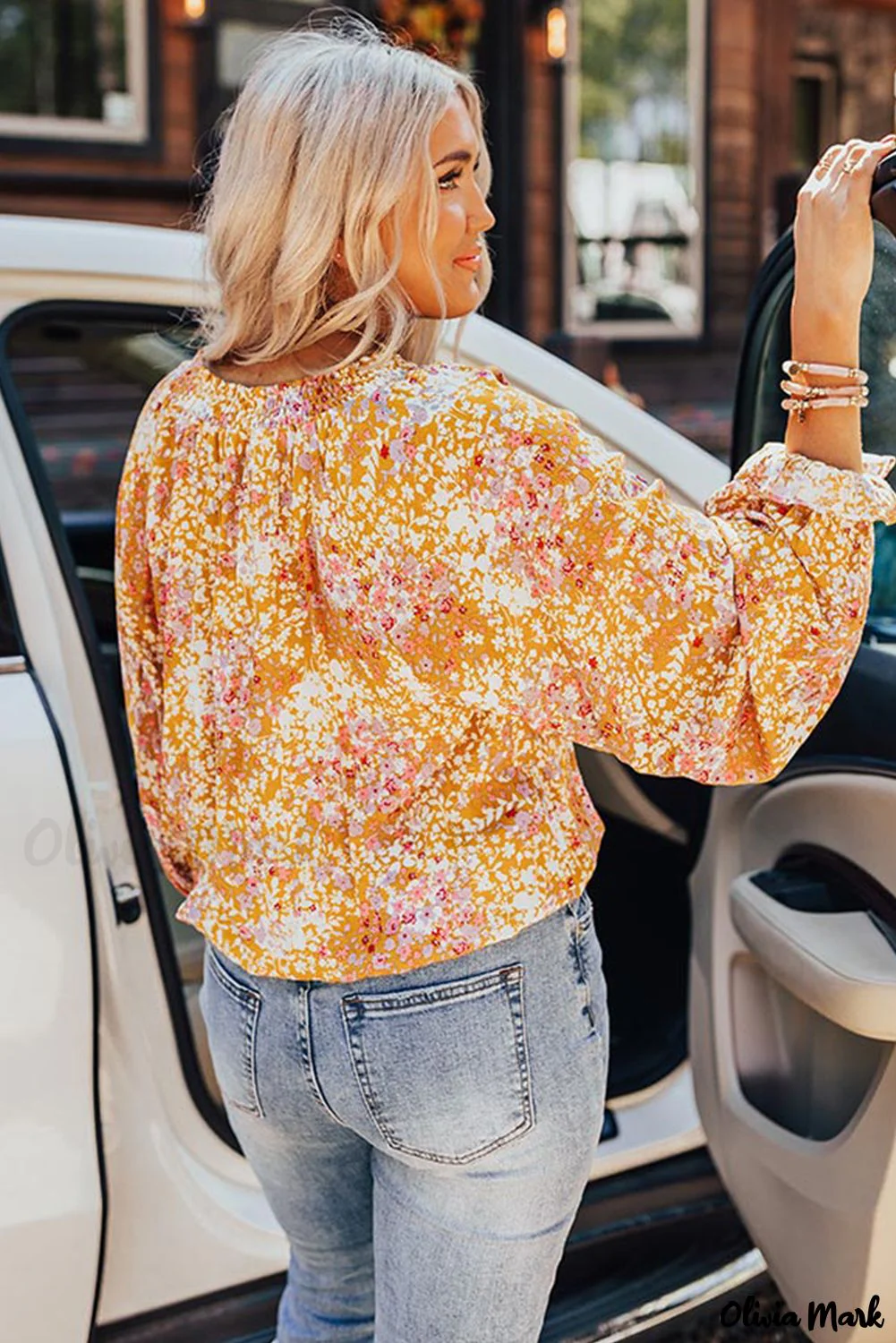 Deanwangkt - Yellow Floral Split V-Neck Blouse - Deanwangkt