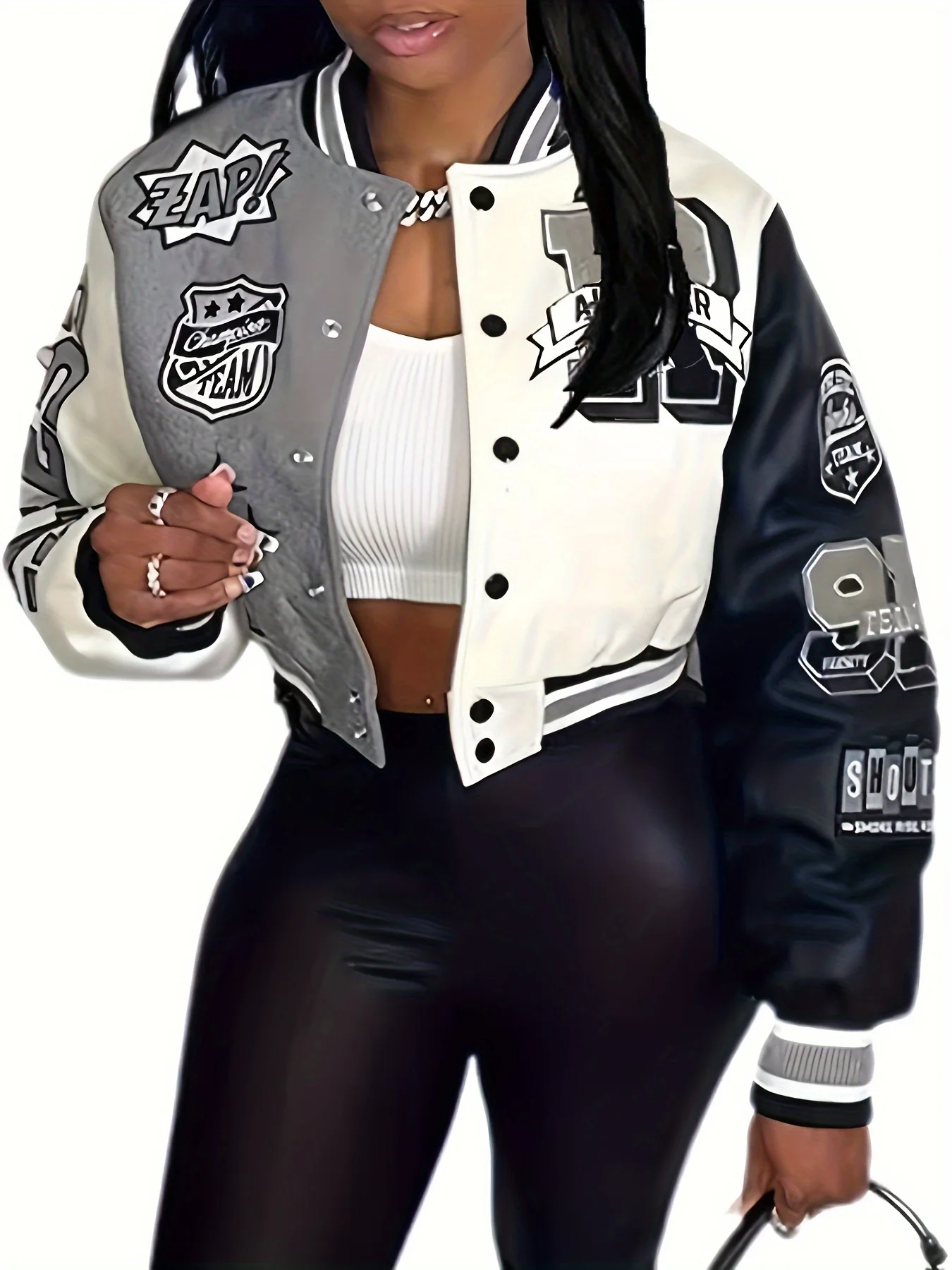 deanwangkt-1 Letter Print Button Front Varsity Jacket, Casual Long Sleeve Baseball Neck Outerwear, Women's Clothing - Deanwangkt