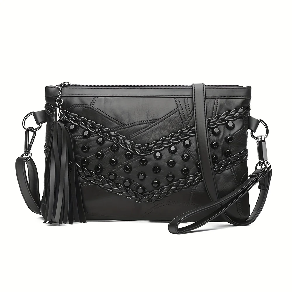 Studded Decor Crossbody Bag, Gothic Black Shoulder Bag, Trendy Wrist Clutch Purse With Tassel - Deanwangkt
