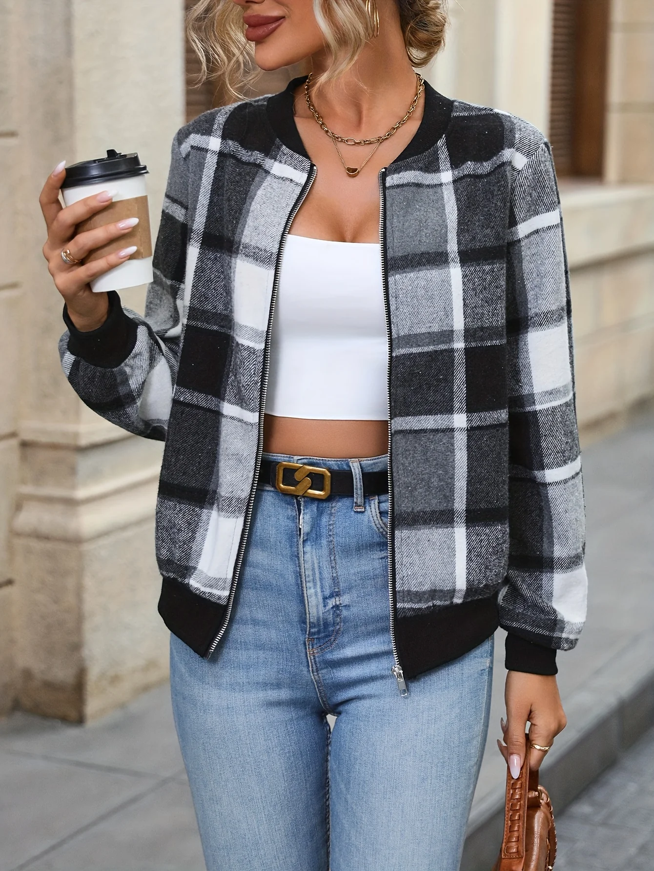 deanwangkt-1  Plaid Print Bomber Jacket, Casual Zip Up Long Sleeve Outerwear, Women's Clothing - Deanwangkt