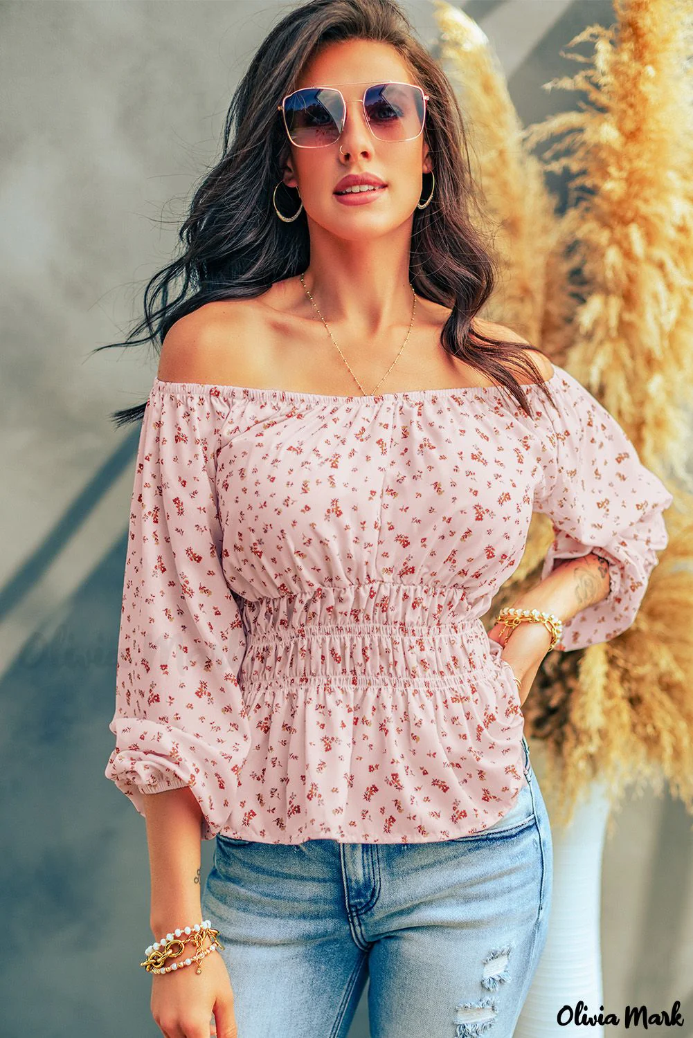 Deanwangkt - Pink blouse with peplum and smocked waist with flowers and bare shoulders - Deanwangkt