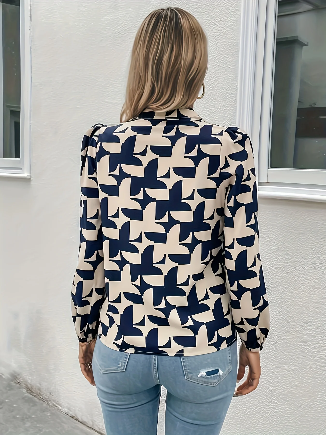 Geo Print Notch Neck Blouse, Casual Lantern Sleeve Blouse For Spring & Fall, Women's Clothing - Deanwangkt