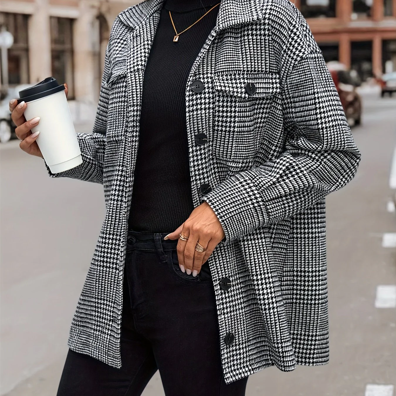 deanwangkt-1  Houndstooth Flap Pockets Jacket, Casual Long Sleeve Single Breasted Jacket, Women's Clothing - Deanwangkt