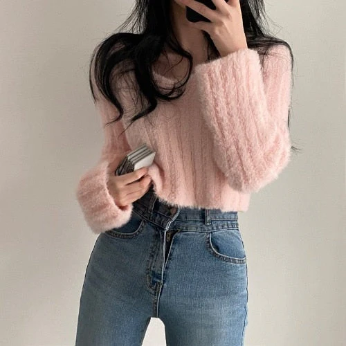 Back To School outfits Y2kpink Sweater Lazy Style Short Chic Gentle Wild Mink V-Neck Short Coat Long-Sleeved Soft Warm Sweater Outer Wear - Deanwangkt