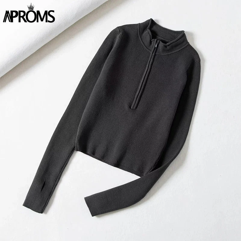 Christmas Gift Aproms Elegant High Neck Zipper Front Knitted Sweater Women Solid Basic Cropped Pullover Winter Spring Fashion Clothing Top Deanwangkt - Deanwangkt