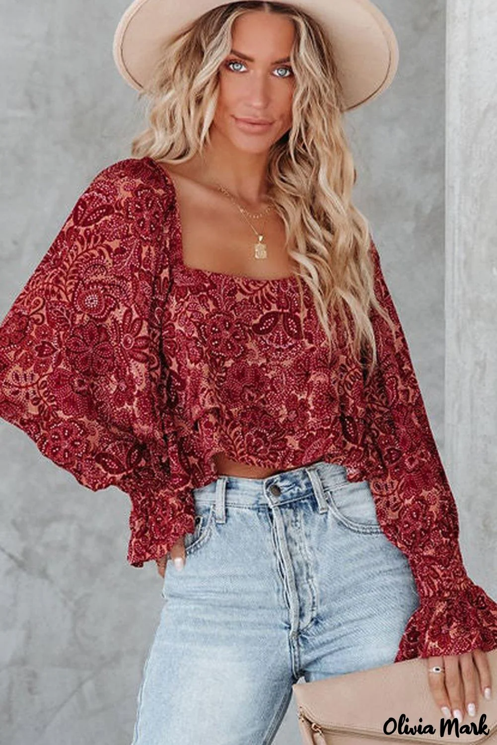 Deanwangkt - Square Neck Floral Cropped Blouse - Deanwangkt