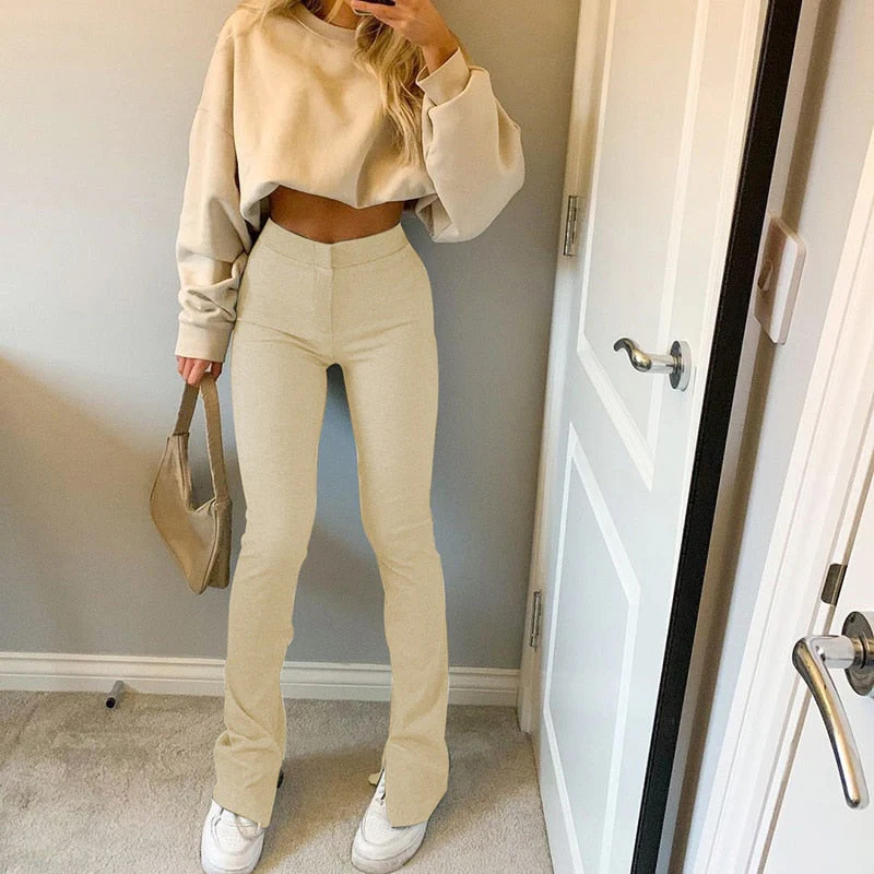 Casual Skinny Elastic High Waist Stretchy Sports Sweatpants Women Trousers Slit Fashion Flared Leggings Joggers Deanwangkt - Deanwangkt