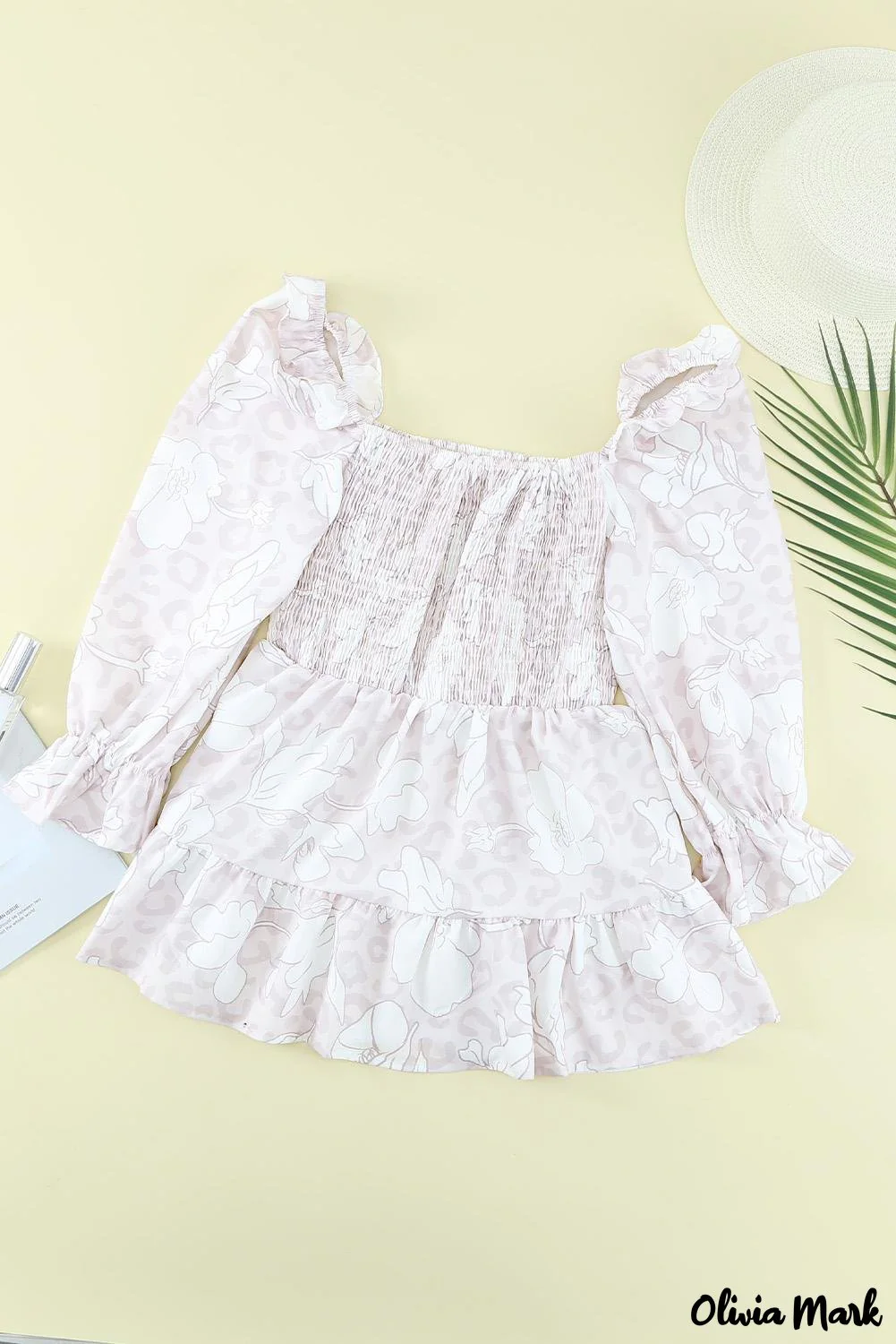 Deanwangkt - Floral Leopard Smocked Square Neck Peplum Top - Deanwangkt