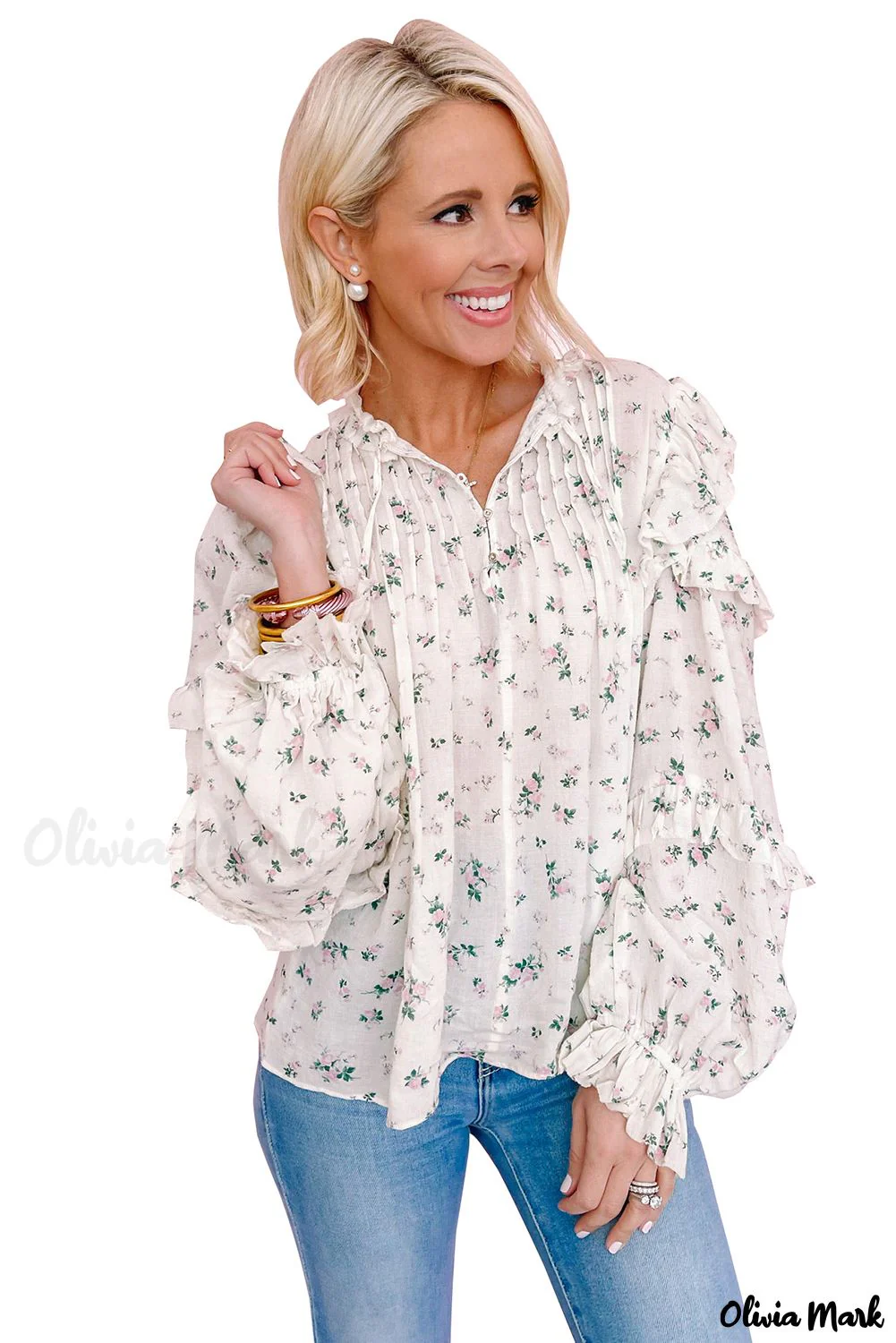 Deanwangkt - White Floral Ruffled Ruffled Floral Blouse - Deanwangkt