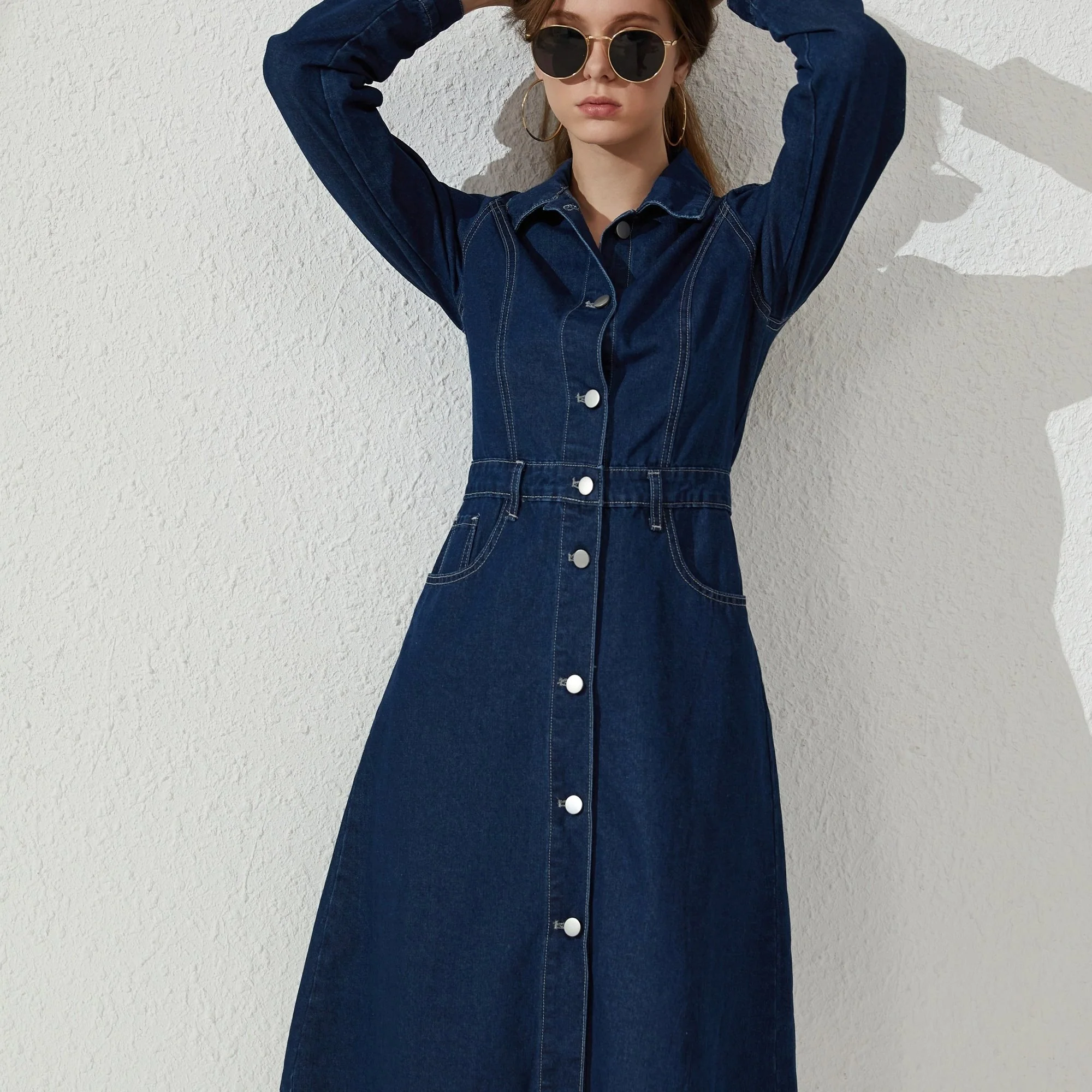 deanwangkt-1  Blue Single Breasted Button Denim Dress, Long Sleeves Slant Pockets Lapel Denim Dress, Women's Denim Clothing - Deanwangkt