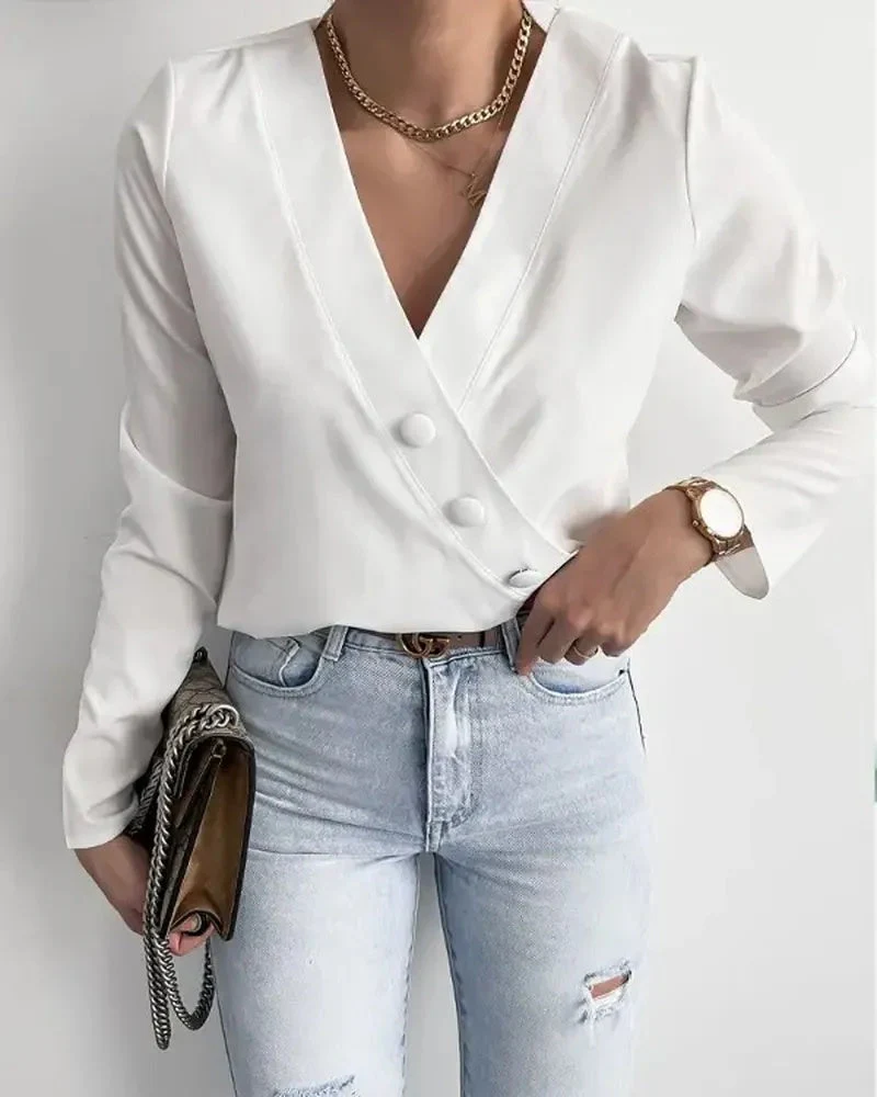 Deanwangkt - Wrap top with long sleeves and buttoned decoration - Deanwangkt