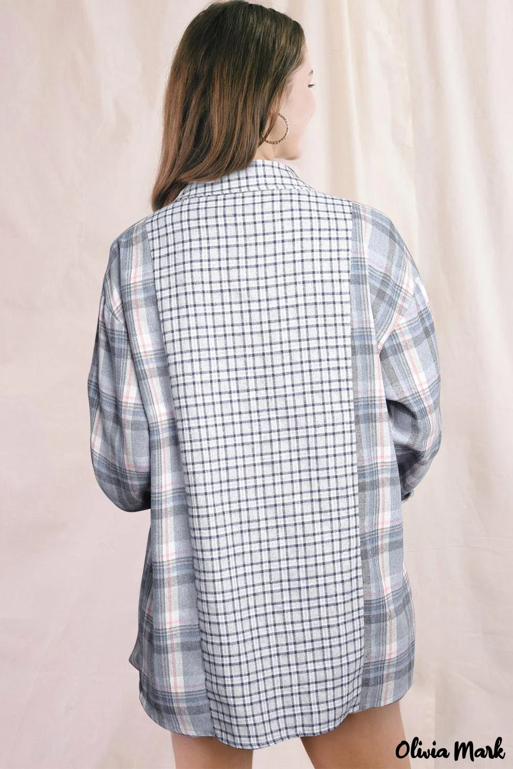 Deanwangkt - Pink Plaid Button Down Long Sleeve Shirt With Color Block Pocket - Deanwangkt