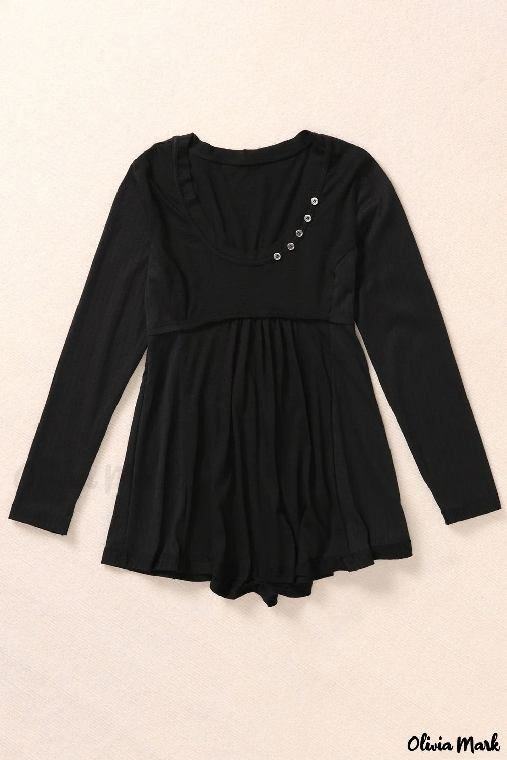 Deanwangkt - Black Babydoll Blouse with Long Sleeves and Solid Color Buttons - Deanwangkt