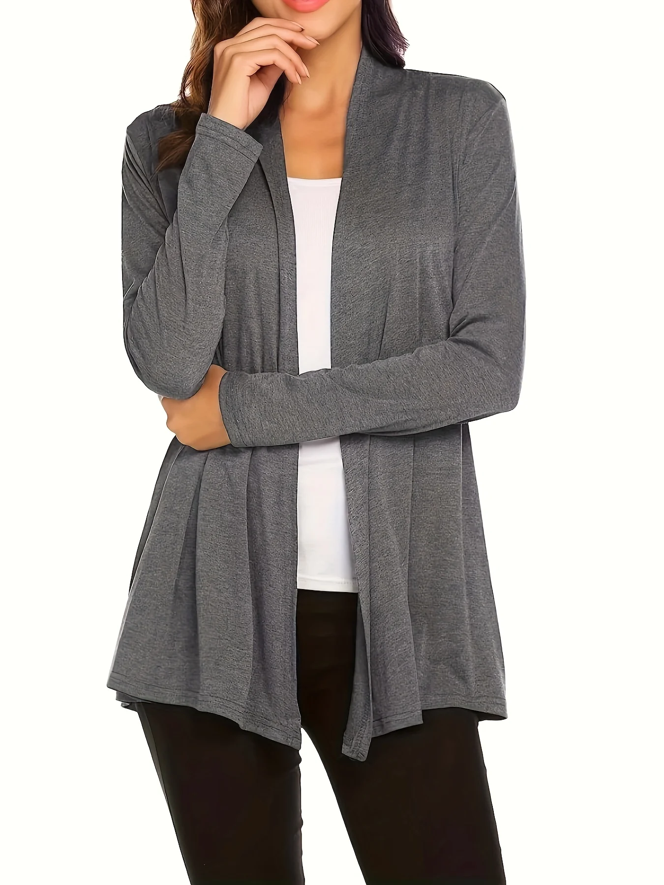 deanwangkt-1 Solid Open Front Cardigan, Casual Long Sleeve Cardigan For Spring & Fall, Women's Clothing - Deanwangkt